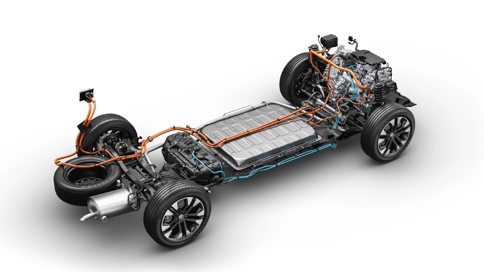 Hector Tomahawk PHEV platform, showing the smaller battery alongside the 1.5-litre engine, fuel tank and exhaust