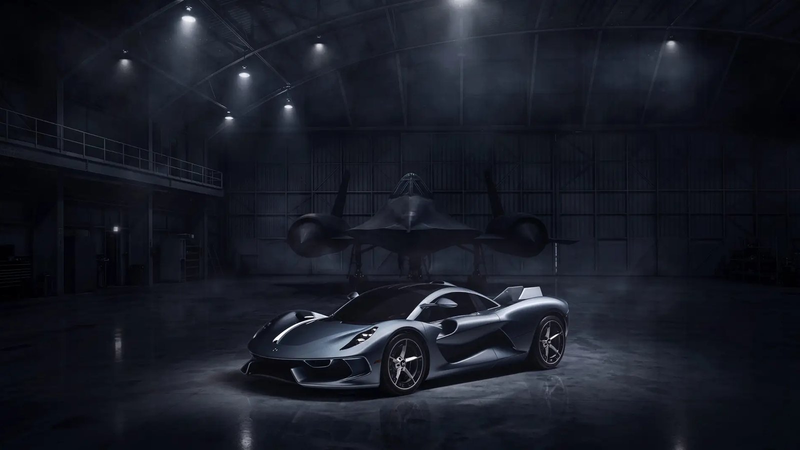 Hennessey Blackbird in a dark hangar beneath an SR-71 Blackbird